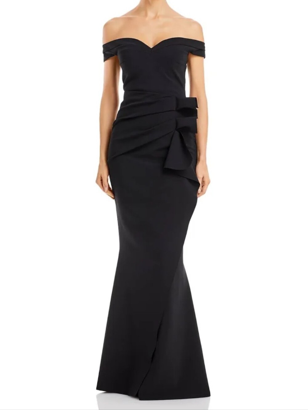 Off-Shoulder Black Evening Gown with Side Bow Detail